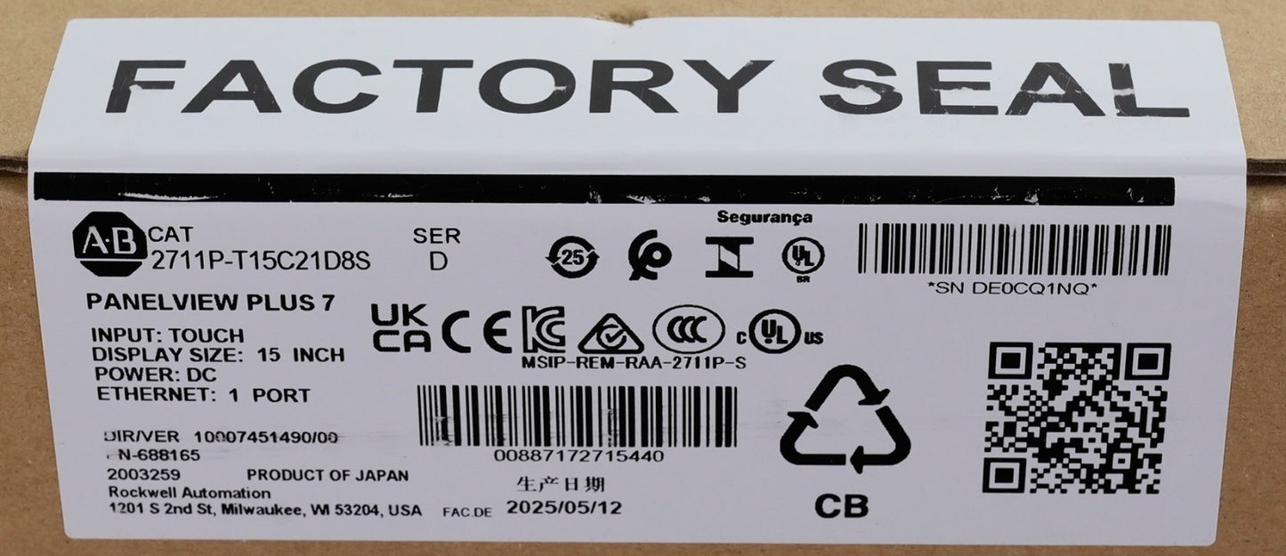 Allen Bradley 2711P-T15C21D8S /D PanelView Plus 7 Display - 2025 Sealed Surplus
