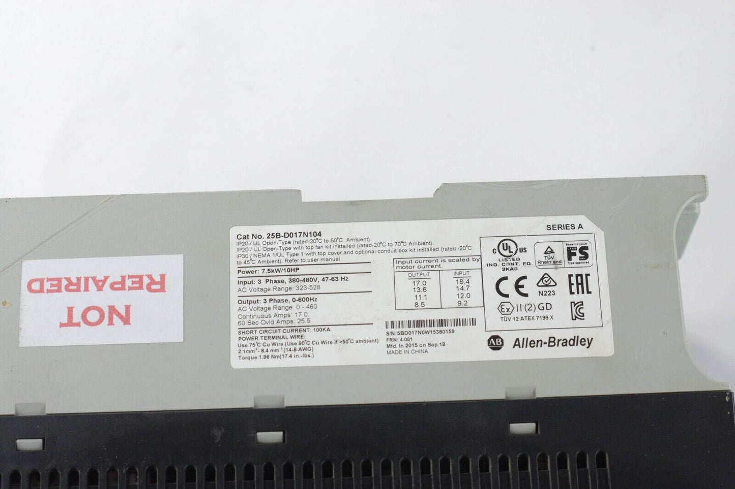 Allen-Bradley 25B-D017N104 PowerFlex AC Drive 10HP 7.5 kW - For Parts / Repair
