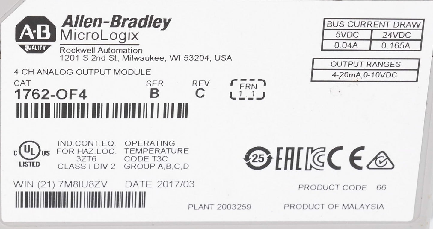 Allen Bradley 1762-OF4 /B MicroLogix 4 Channel Analog Output Module 1762OF4