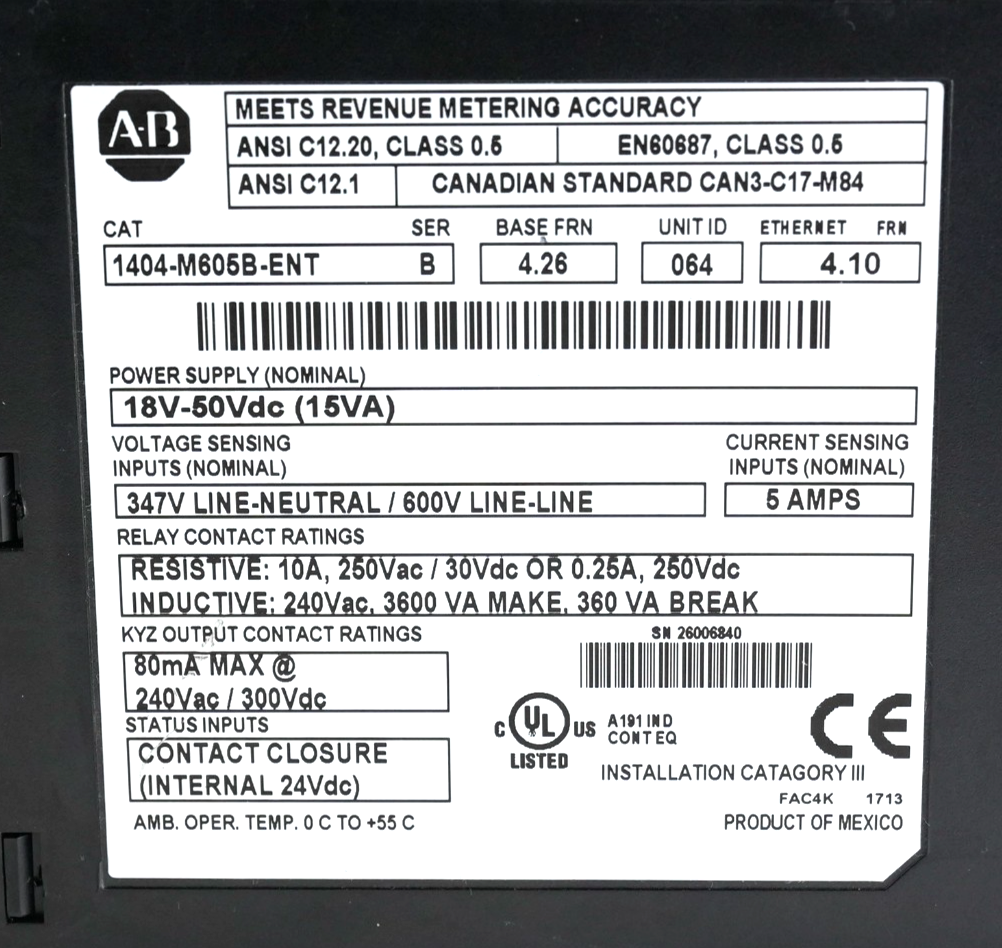 Allen Bradley 1404-M605B-ENT /B Powermonitor 3000 Master Module