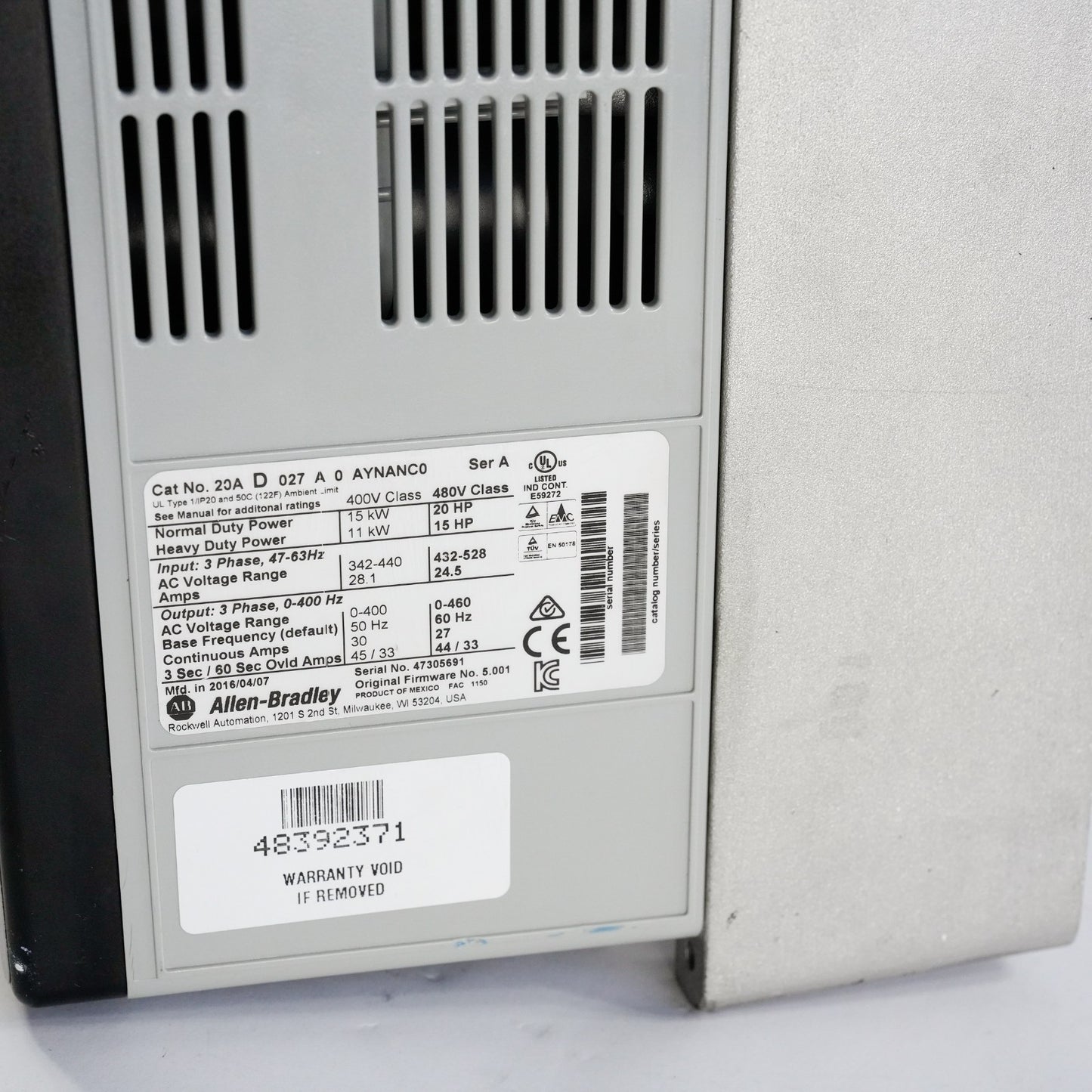 Allen Bradley 20AD027A0AYNANC0 /A PowerFlex 70 AC Drive 20hp - Refurbished