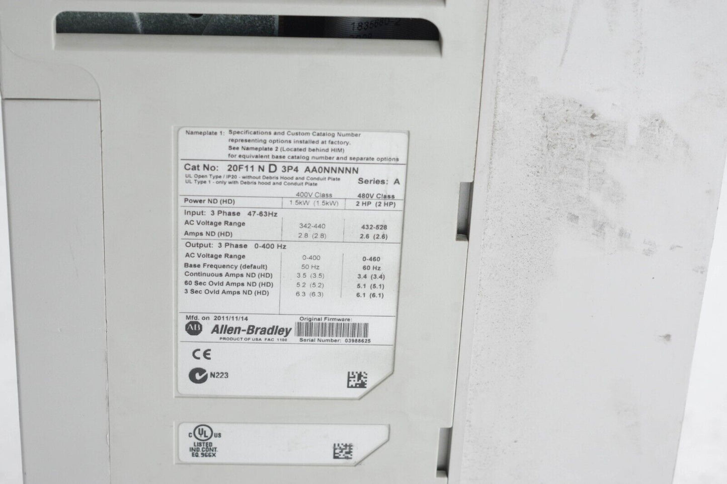 Allen Bradley 20F11ND3P4AA0NNNNN AC Drive 2HP 480V PowerFlex 753 - Parts/Repair