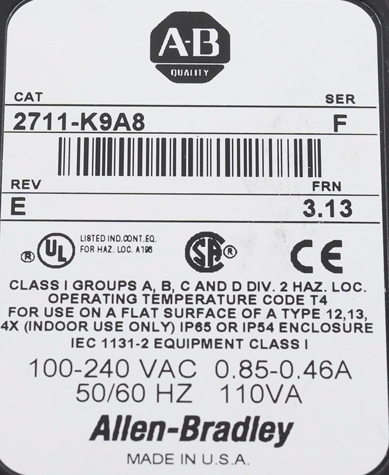 Allen Bradley 2711-K9A8 /F Rev E PanelView 900 Keypad HMI Display 2711K9A8
