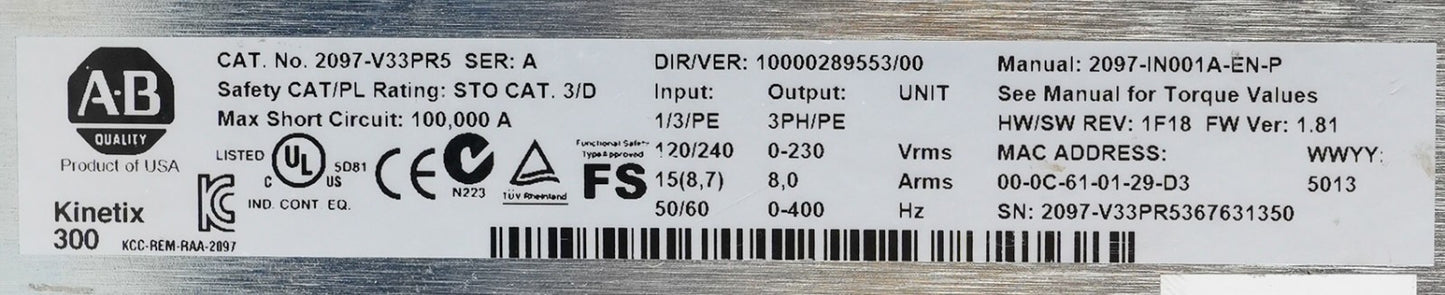 Allen Bradley 2097-V33PR5 /A 3-Phase Kinetix 300 Servo Drive 2097V33PR5