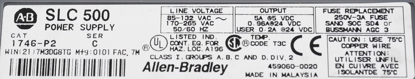 Allen Bradley 1746-P2 /C SLC 500 Power Supply Module 1746P2