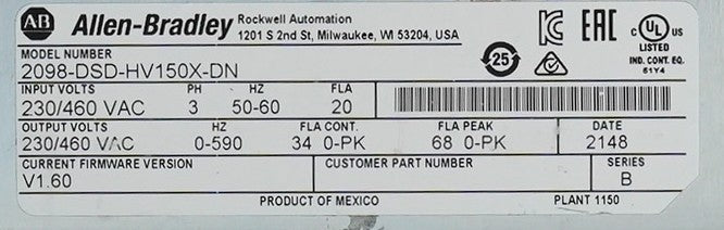 Allen Bradley 2098-DSD-HV150X-DN Series B Ultra3000i Servo Drive