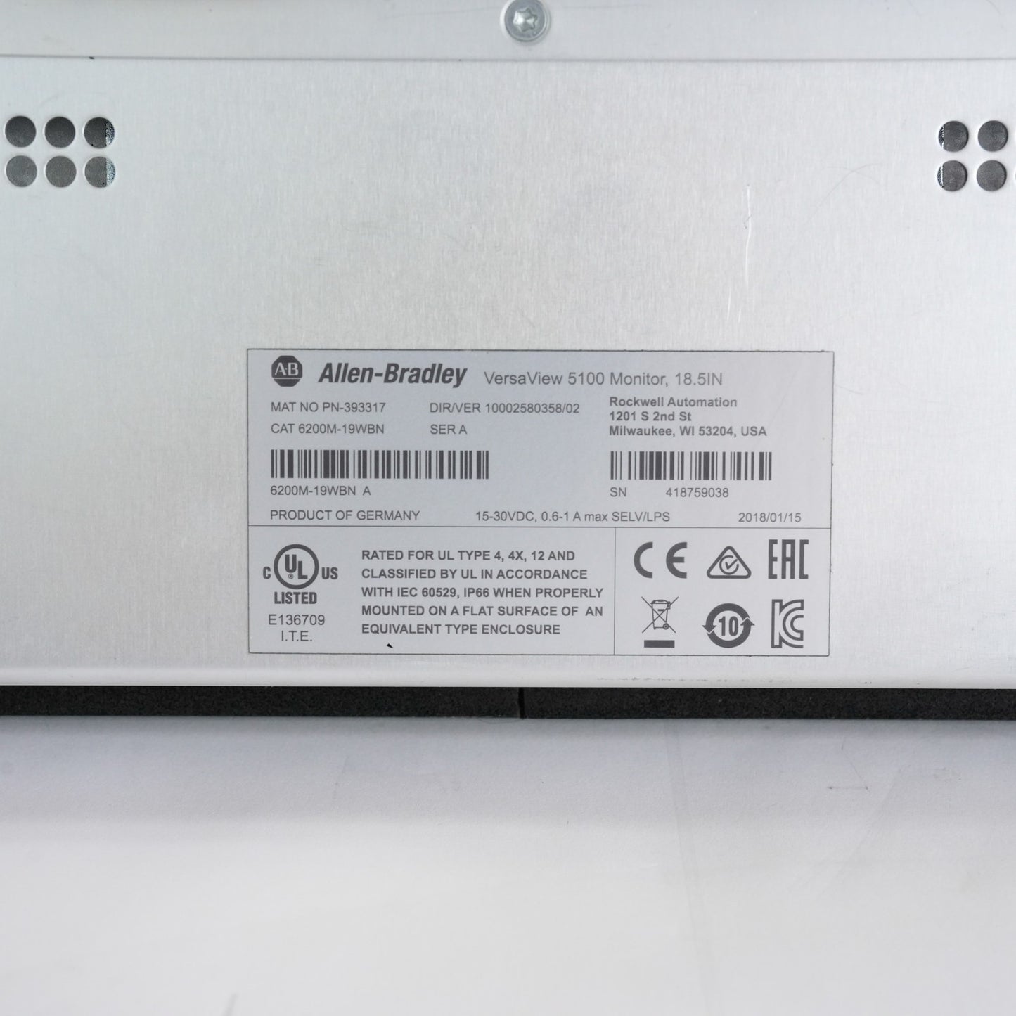 Allen Bradley 6200M-19WBN A VersaView 5100 HMI Monitor 18.5 PN 393317 6200M19WBN