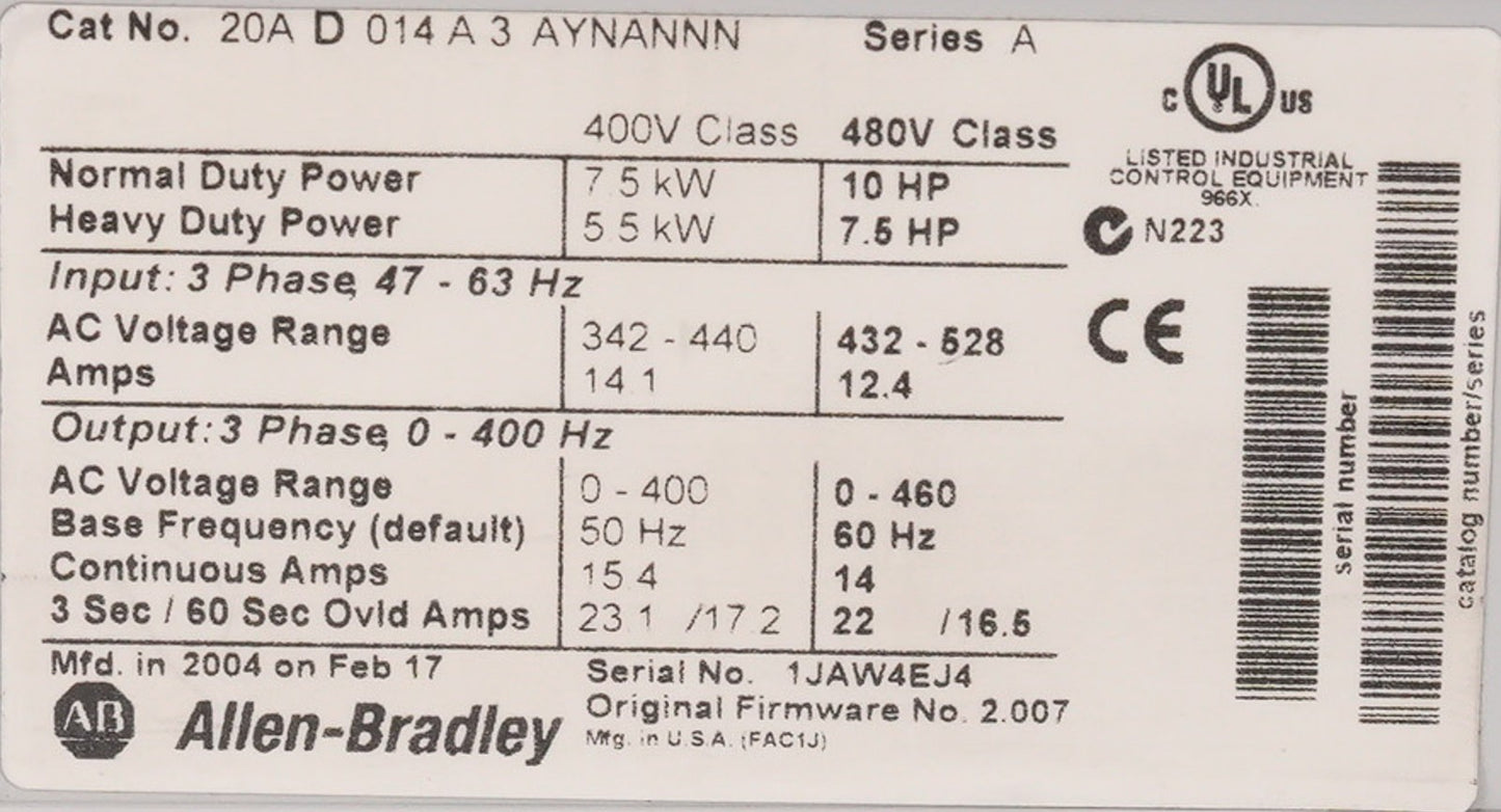 Allen Bradley 20AD014A3AYNANNN /A PowerFlex 70 AC Drive 480V 10HP 7.5kW