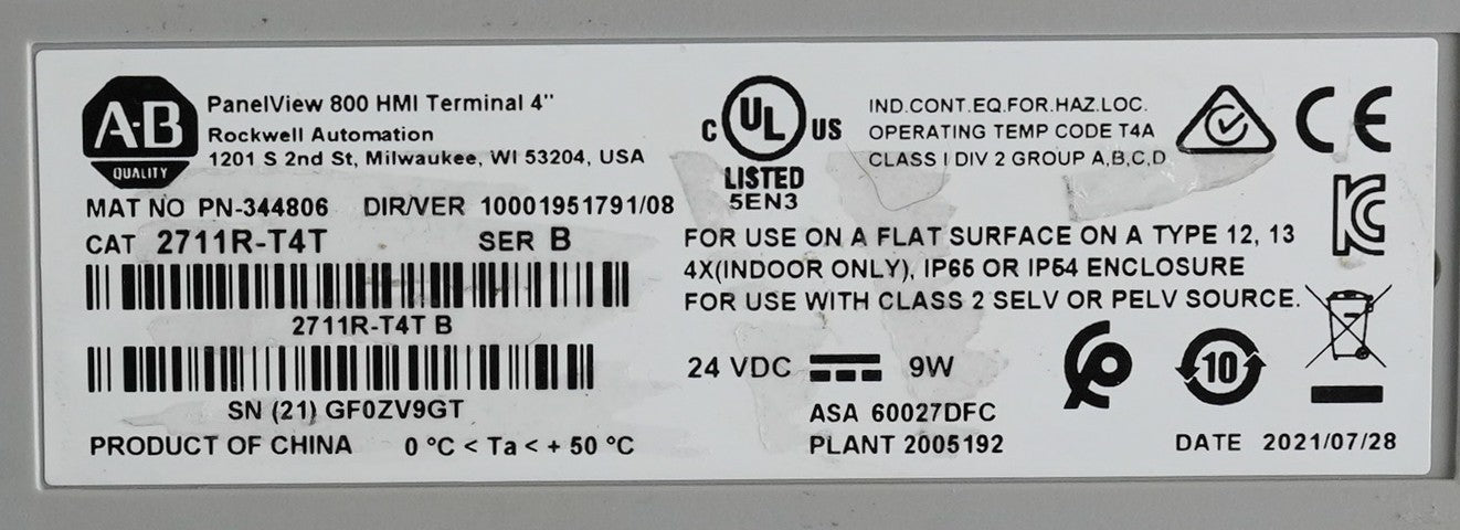 Allen Bradley 2711R-T4T /B PanelView 800 HMI Terminal 2711RT4T