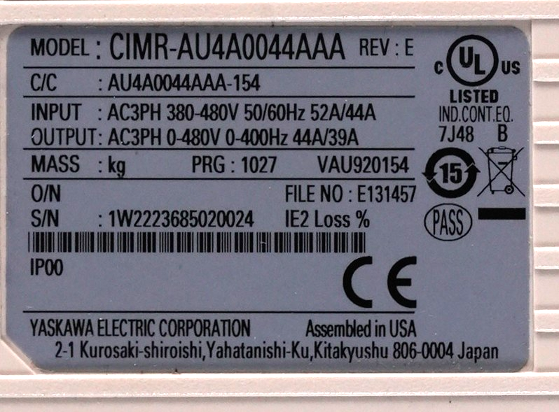 Yaskawa Electric CIMR-AU4A0044AAA Rev E 480V Drive - For Parts