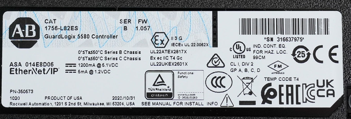 Allen Bradley 1756-L82ES /B FW 1.057 GuardLogix 5580 Safety Controller 2023 Used