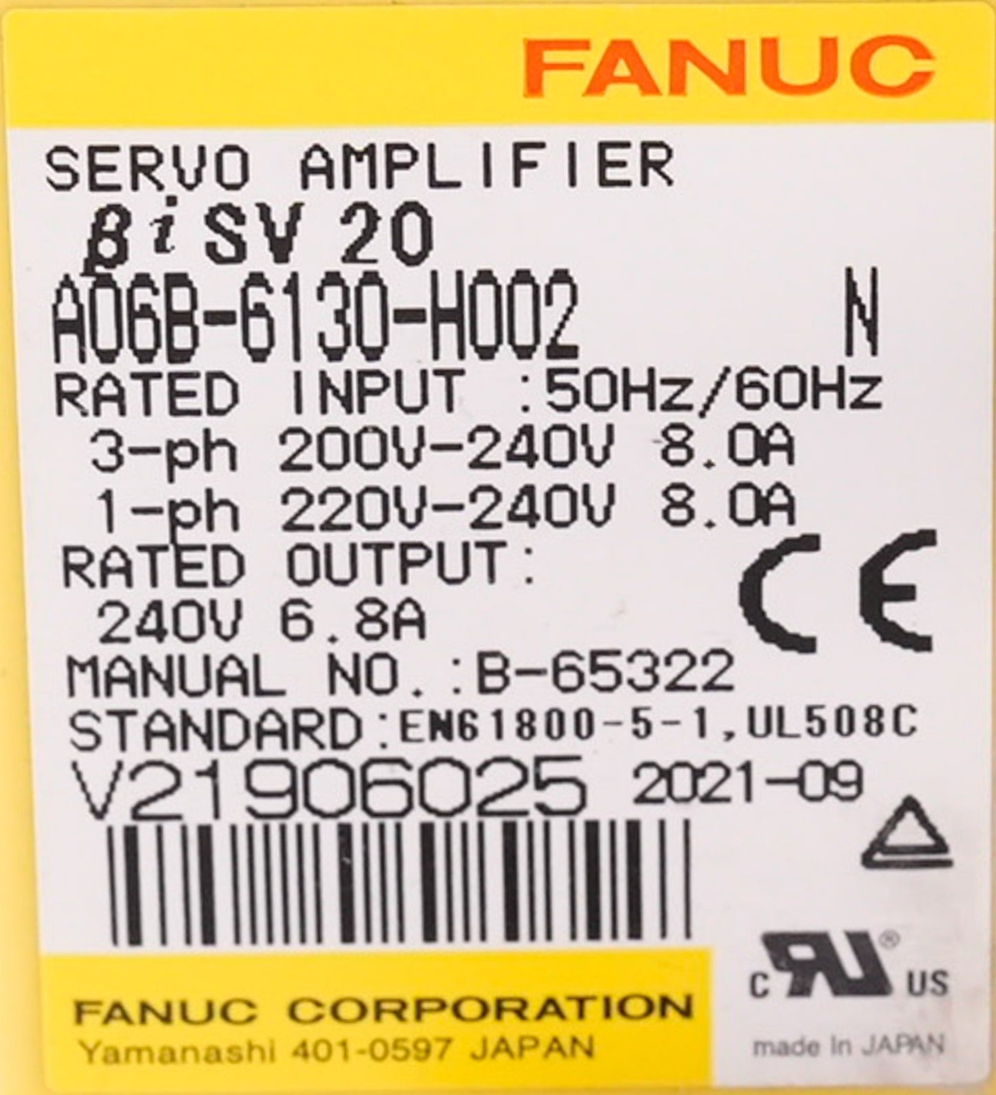 FANUC A06B-6130-H002 Servo Amplifier Unit Beta i SV20 200-240V A06B6130H002