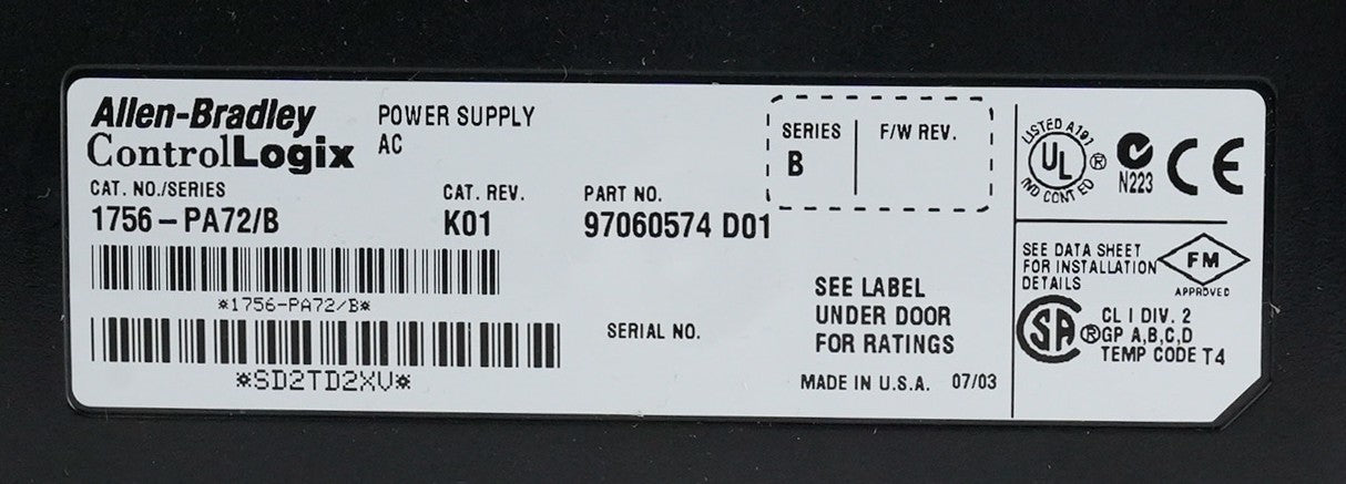 Allen Bradley 1756-PA72/B CAT. REV. K01 Controllogix Power Supply 1756PA72/B