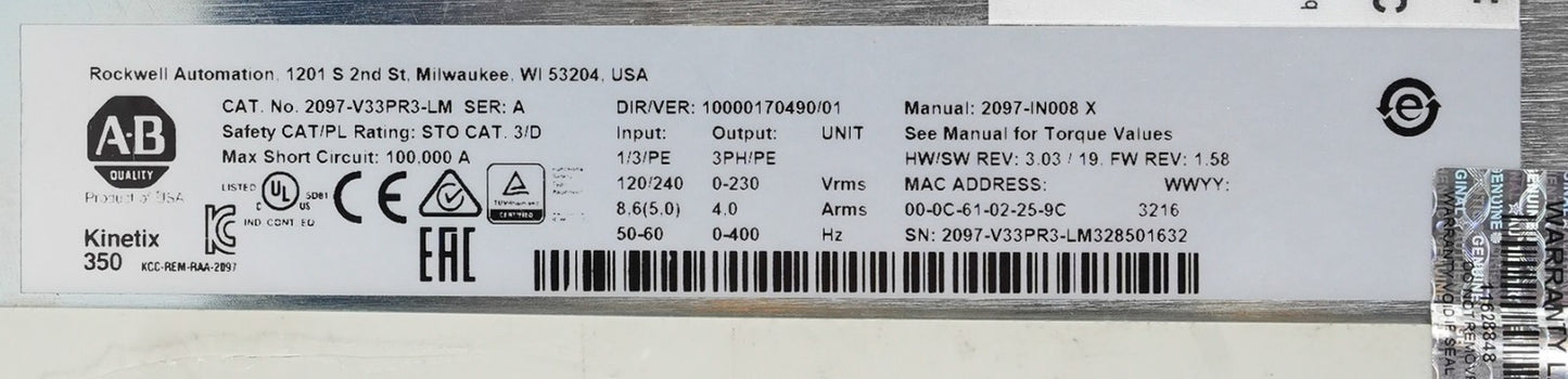 Allen Bradley 2097-V33PR3-LM /A Kinetix 350 Servo Drive 120/240VAC 2097V33PR3LM