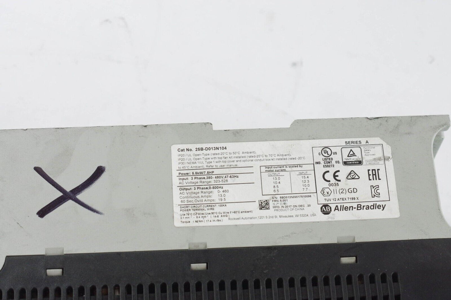 Allen Bradley PowerFlex 7.5Hp AC Drive 25B-D013N104 Series A - Parts or Repair