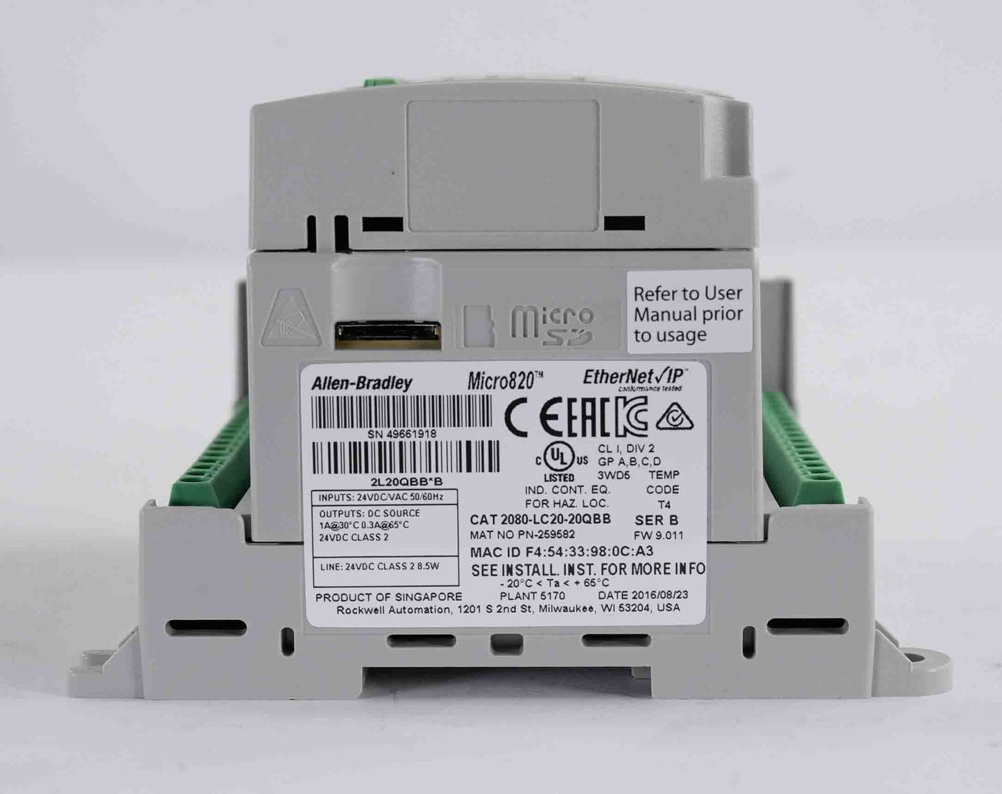 Allen Bradley 2080-LC20-20QBB Micro 820 Programmable Controller 2080LC2020QBB