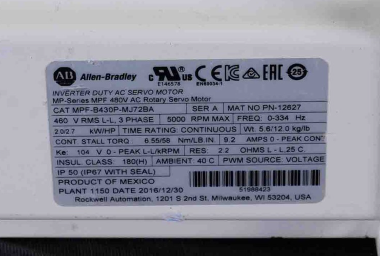Allen Bradley MPF-B430P-MJ72BA /A Servo Motor 460V 5000RPM MPFB430PMJ72B - USED