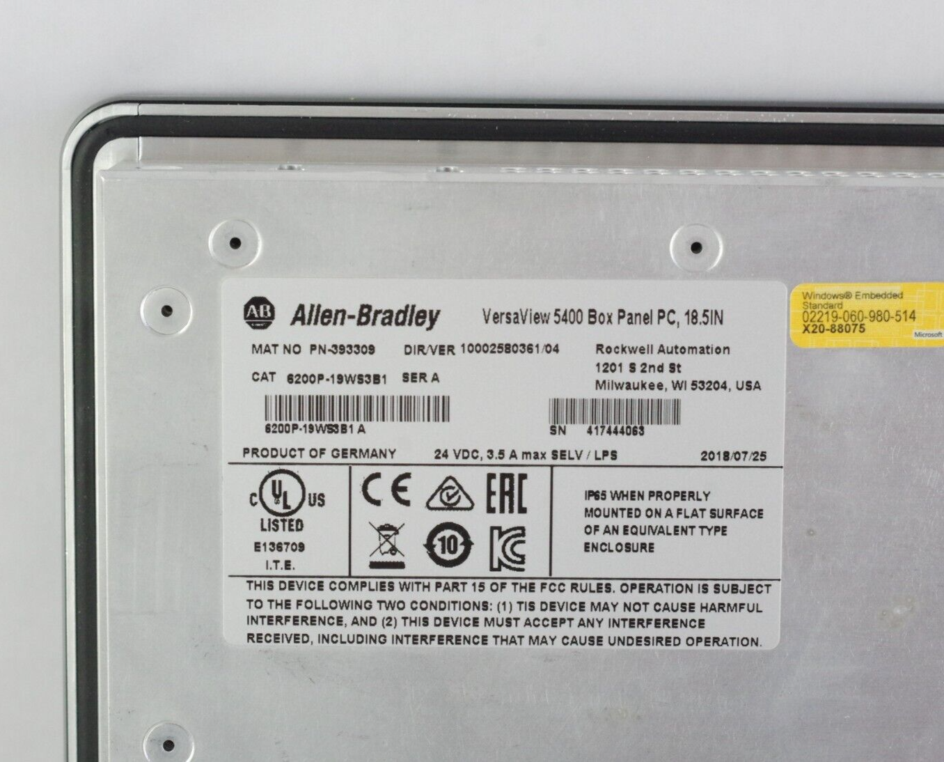 Allen Bradley 6200P-19WS3B1 Ser A Versaview 5400 Panel PC, 18.5in