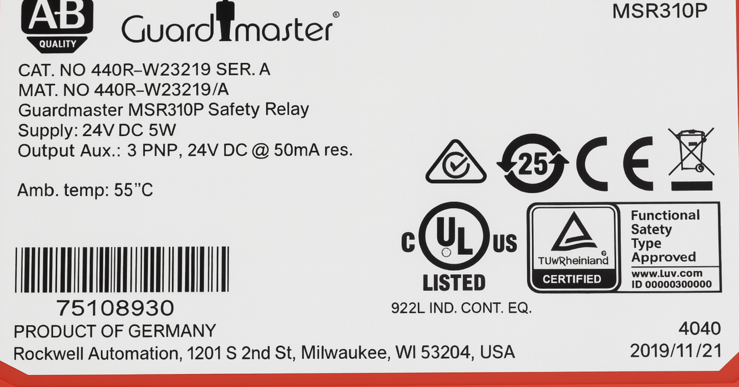 Allen Bradley 440R-W23219 /A Guardmaster MSR310P Safety Relay 440RW23219