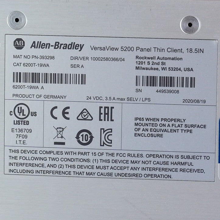 Allen Bradley 6200T-19WA /A VersaView 5200 Panel Thin - Without Original Box