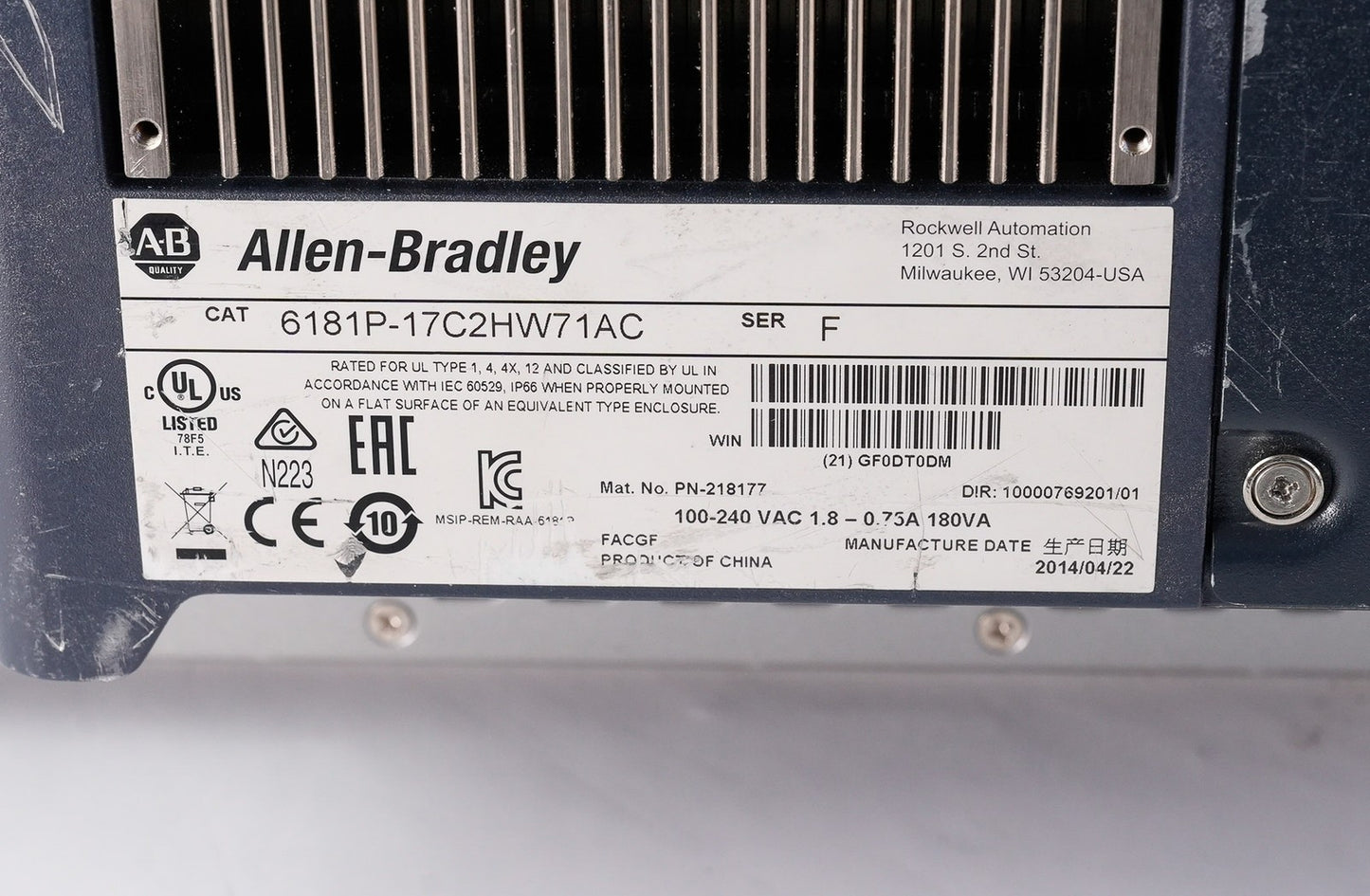 Allen Bradley 6181P-17C2HW71AC /F 17" Industrial Display Computer - For Parts