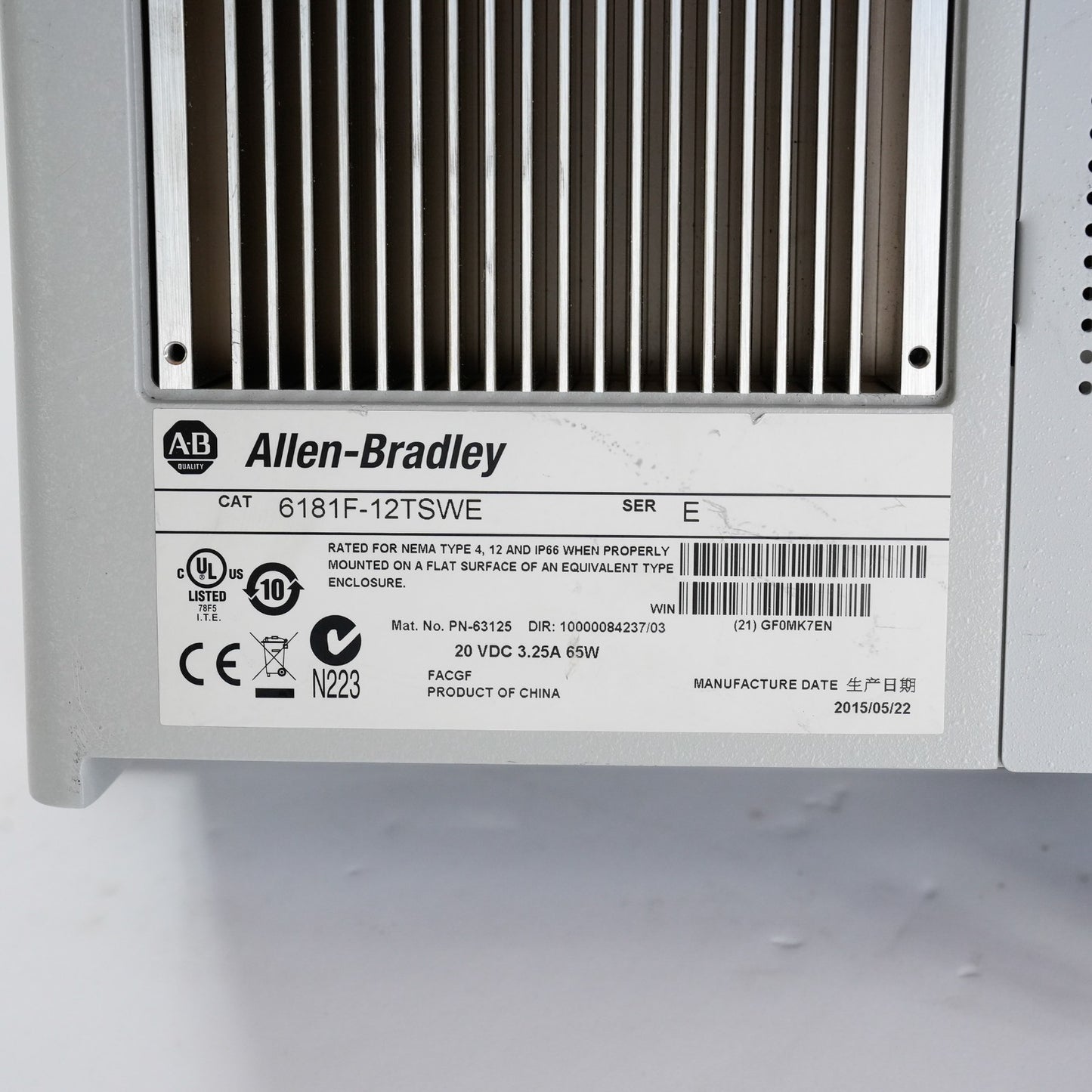 Allen Bradley 6181F-12TSWE /E Solid State Plus 1200P Touchscreen Panel PC