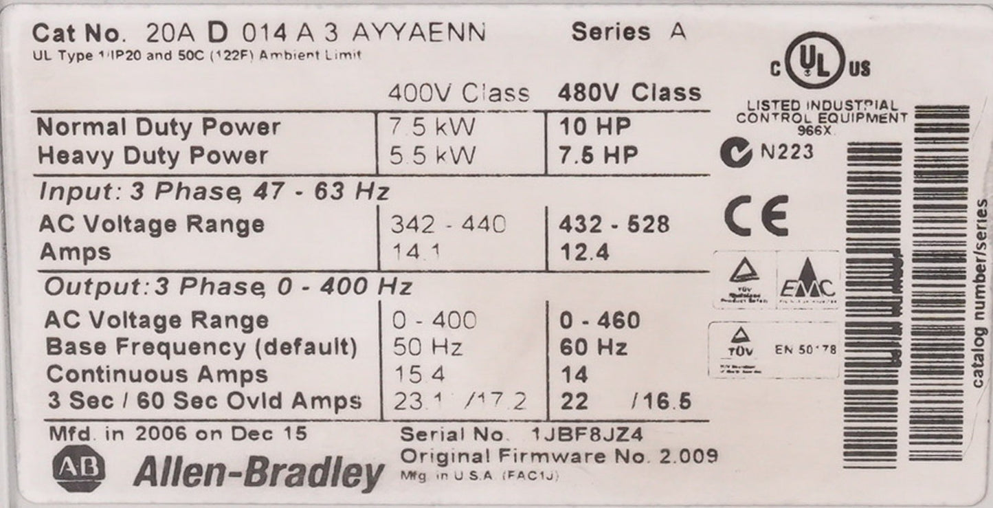 Allen Bradley 20AD014A3AYYAENN /A PowerFlex 70 AC Drive 480V 14A 10HP 7.5kW