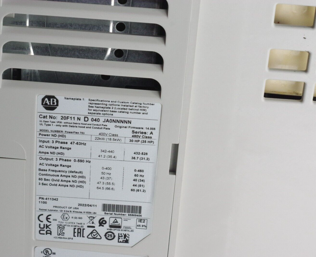 Allen Bradley 20F11ND040JA0NNNNN /A PowerFlex 753 VFD 30HP 480VAC - Installed