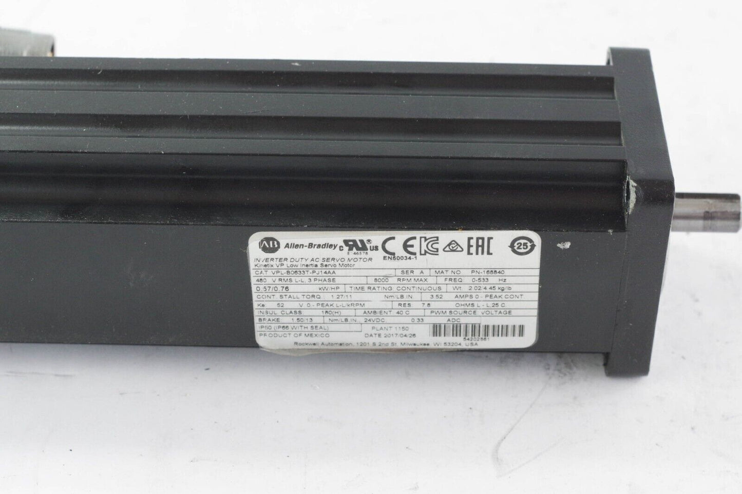 ALLEN BRADLEY VPL-B0633T-PJ14AA / VPLB0633TPJ14AA Kinetix VP AC Servo Motor