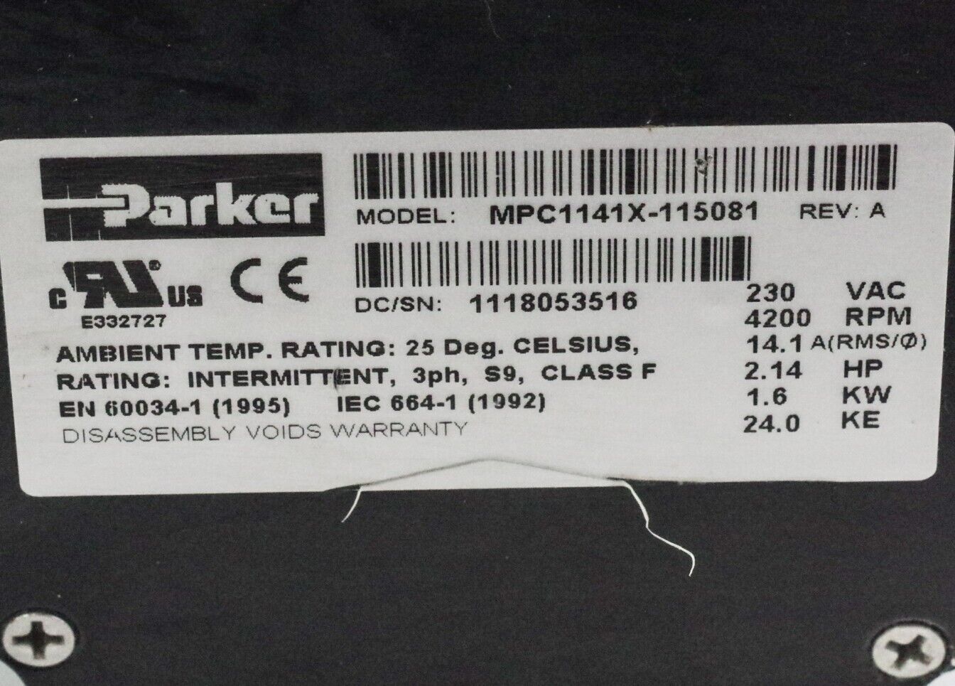 Parker MPC1141X / MPC1141X-115081 Rev A Servo Motor 230VAC MPN 4220B