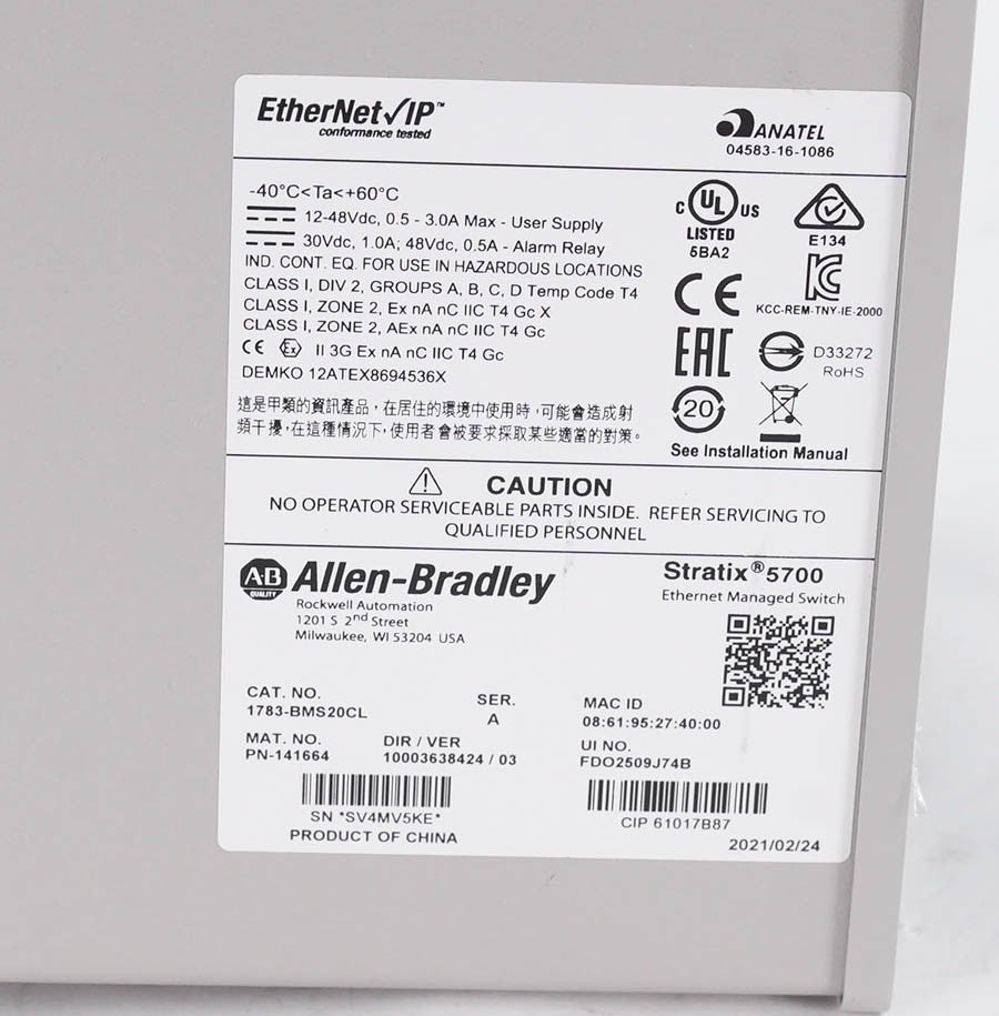 Allen Bradley 1783-BMS20CL Ser A Stratix 5700 Managed Switch 20 Port 1783BMS20CL