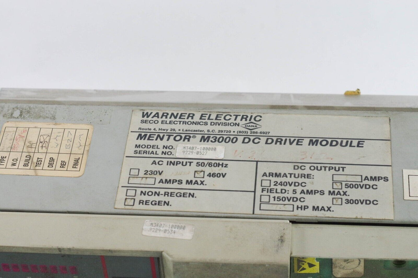 Warner Electric Seco Mentor M3000 M3407-100000 M34-6M4Q15 7.5HP DC - For Parts