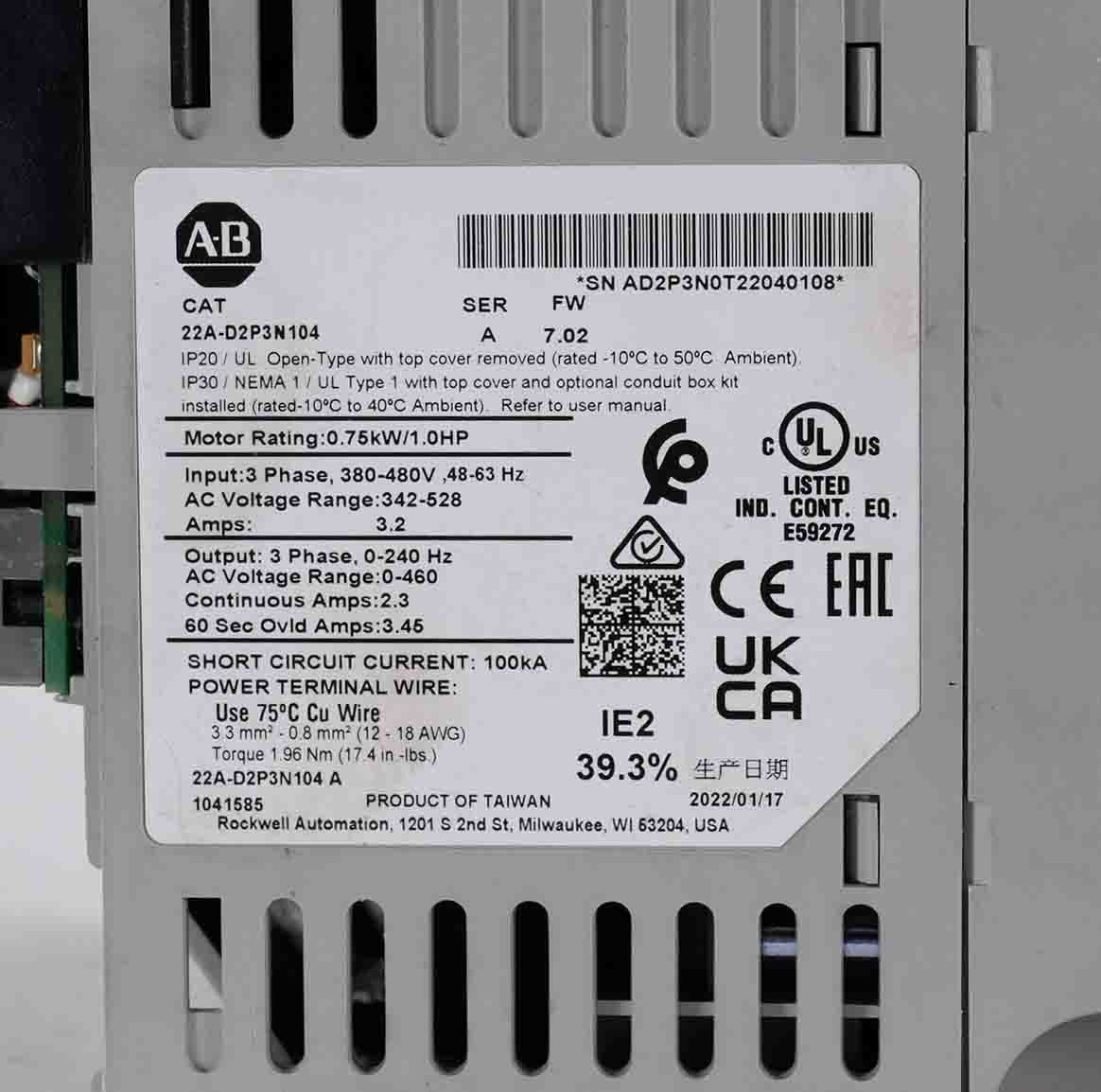 Allen Bradley 22A-D2P3N104 /A PowerFlex AC Drive 480V 3PH 0.75kW 22AD2P3N104