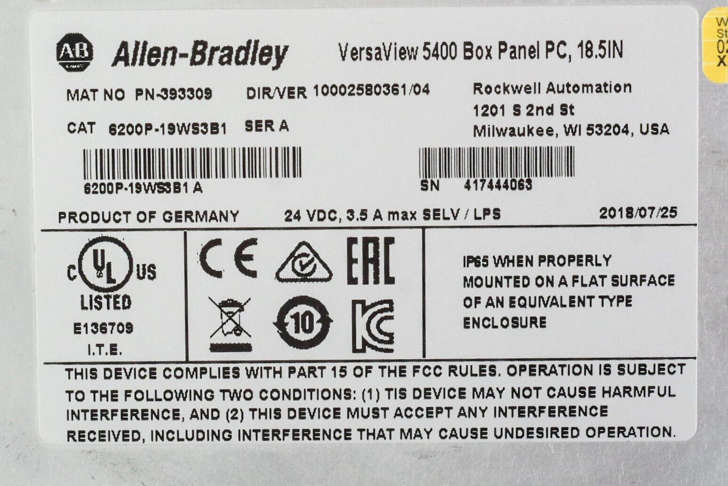 Allen Bradley 6200P-19WS3B1 Ser A Versaview 5400 Panel PC, 18.5in