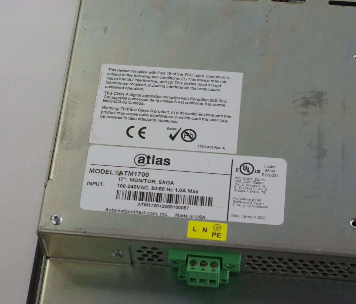Automation Direct Atlas ATM1700 17" Monitor SXGA 100-240 VAC 50/60 Hz 1.0A