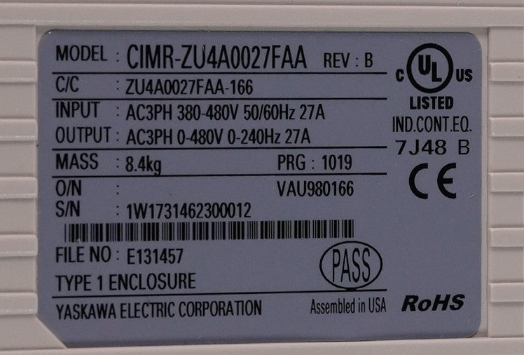 Yaskawa CIMR-ZU4A0027FAA Rev B Z1000 Frequency Drive CIMRZU4A0027FAA