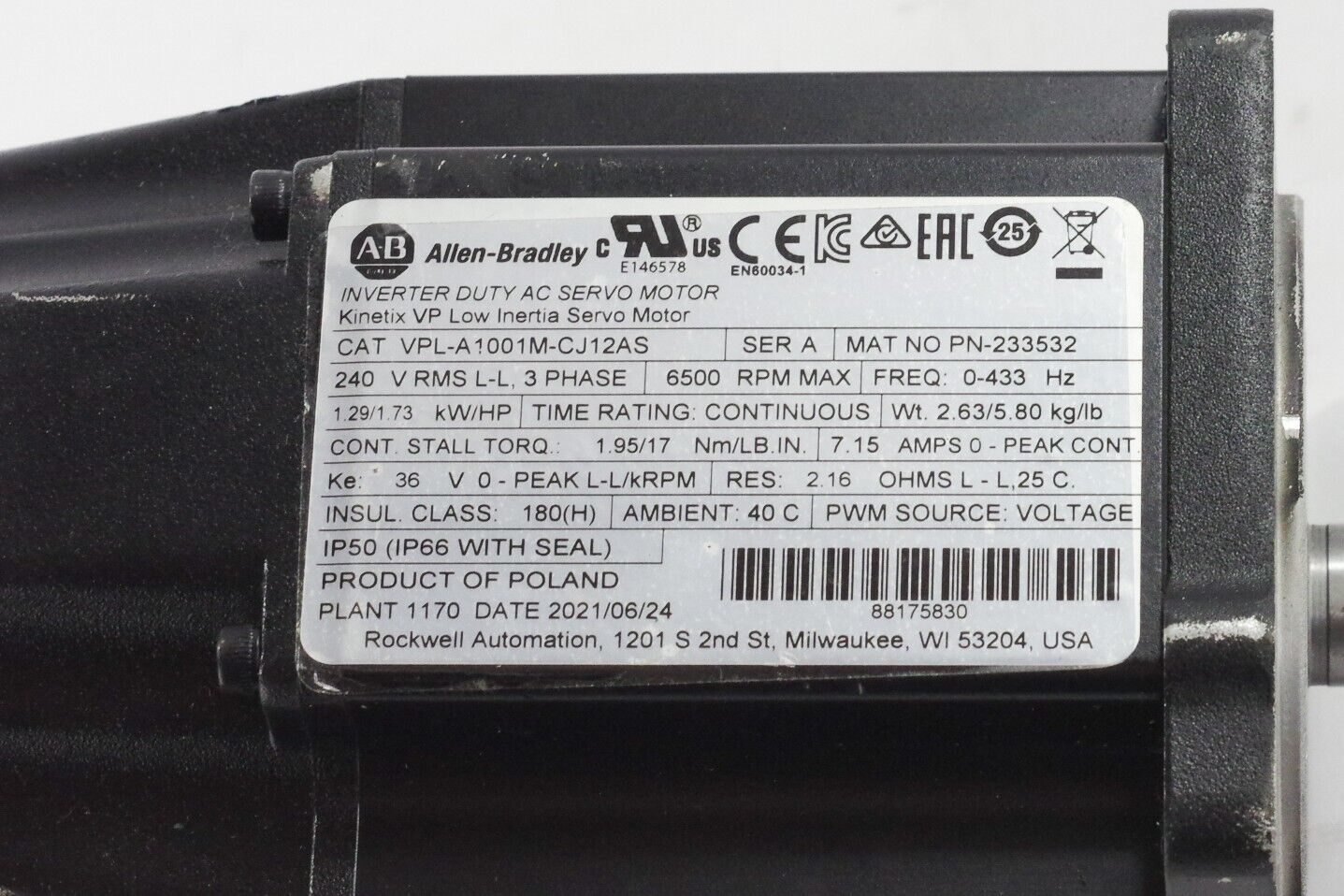 Allen Bradley VPL-A1001M-CJ12AS Kinetix VP Low Inertia Servo Motor - New No Box