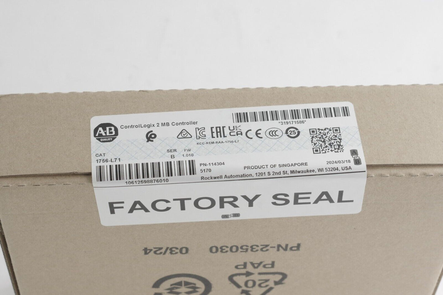 2024 Allen Bradley 1756-L71 Ser B ControlLogix Logix5571 2MB Controller Sealed