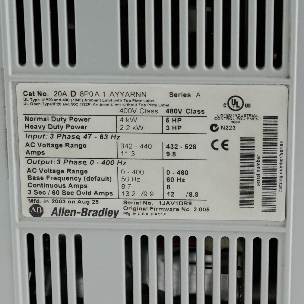 Allen Bradley 20AD8P0A1AYYARNN /A PowerFlex 70 AC Drive 480V 3HP 5HP