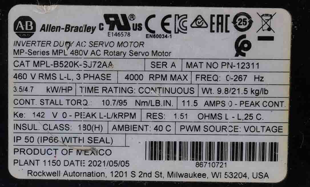 Allen Bradley MPL-B520K-SJ72AA /A Servo Motor 460V 4000RPM 1.3kW MPLB520KSJ72AA