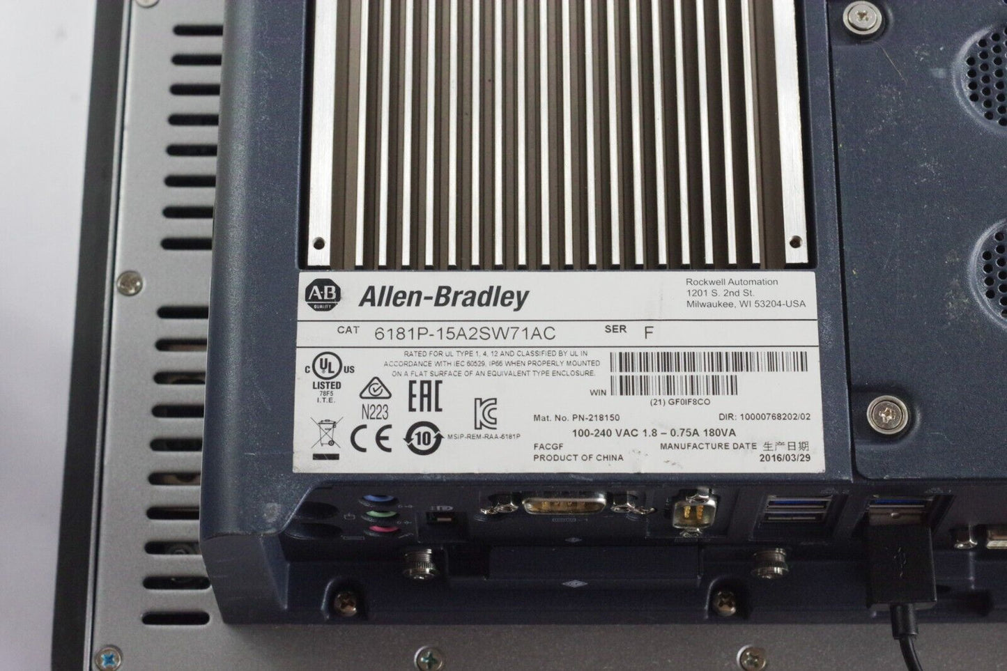 Allen Bradley 6181P-15A2SW71AC Ser F 100-240VAC 1.8-0.75A Display Computer