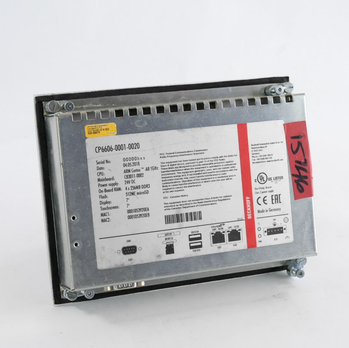 Beckhoff CP6606-0001-0020 HMI Built-In Panel PC Touch Screen 7" 2018 24VDC