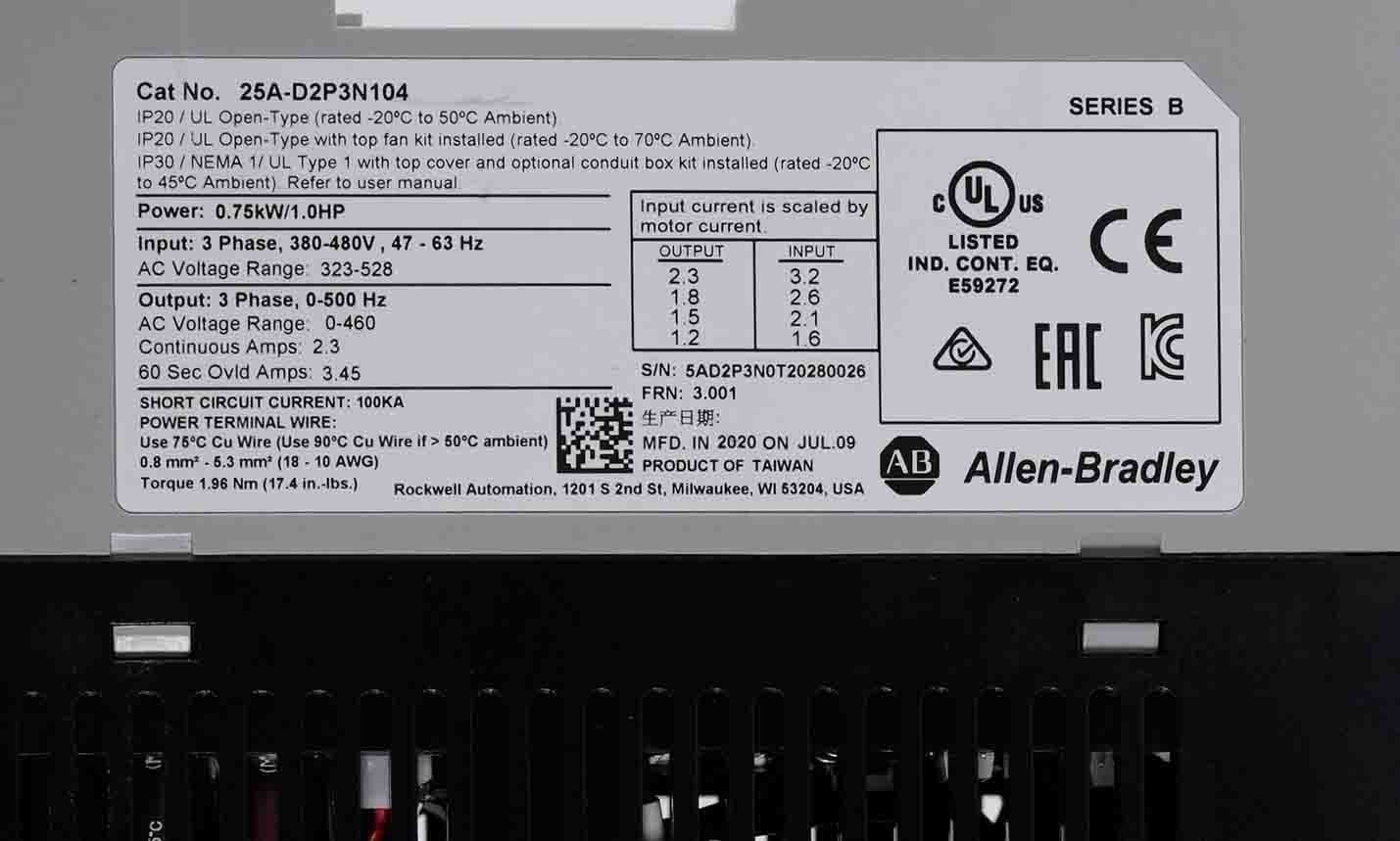 Allen Bradley 25A-D2P3N104 /B PowerFlex 525 AC Drive 480V 3PH 1HP 0.75kW