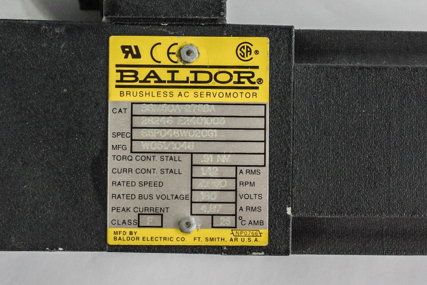 Baldor BSM50A-275BA Brushless AC Servo Motor 0.91NM 2000RPM 160V BSM50A275BA