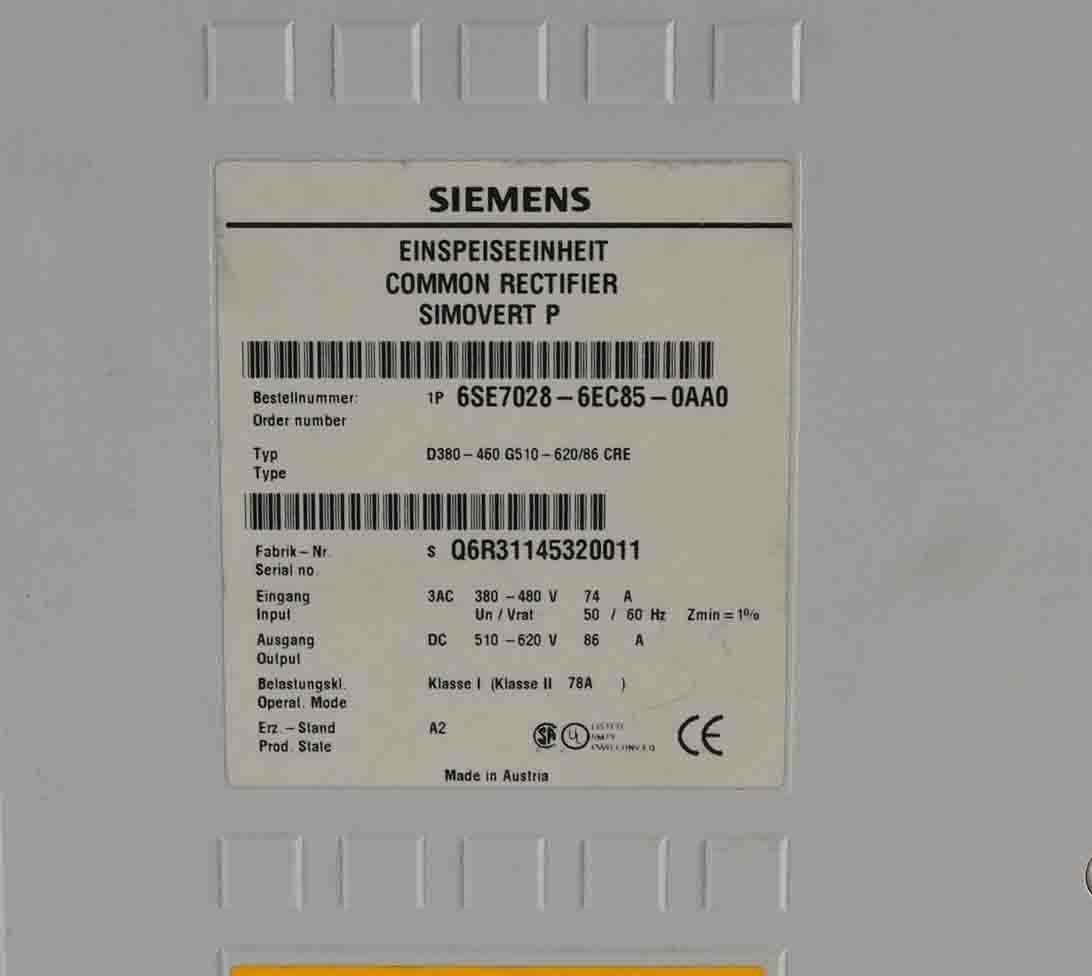 Siemens 6SE7028-6EC85-0AA0 Simovert Common Rectifier 380-480V 6SE70286EC850AA0