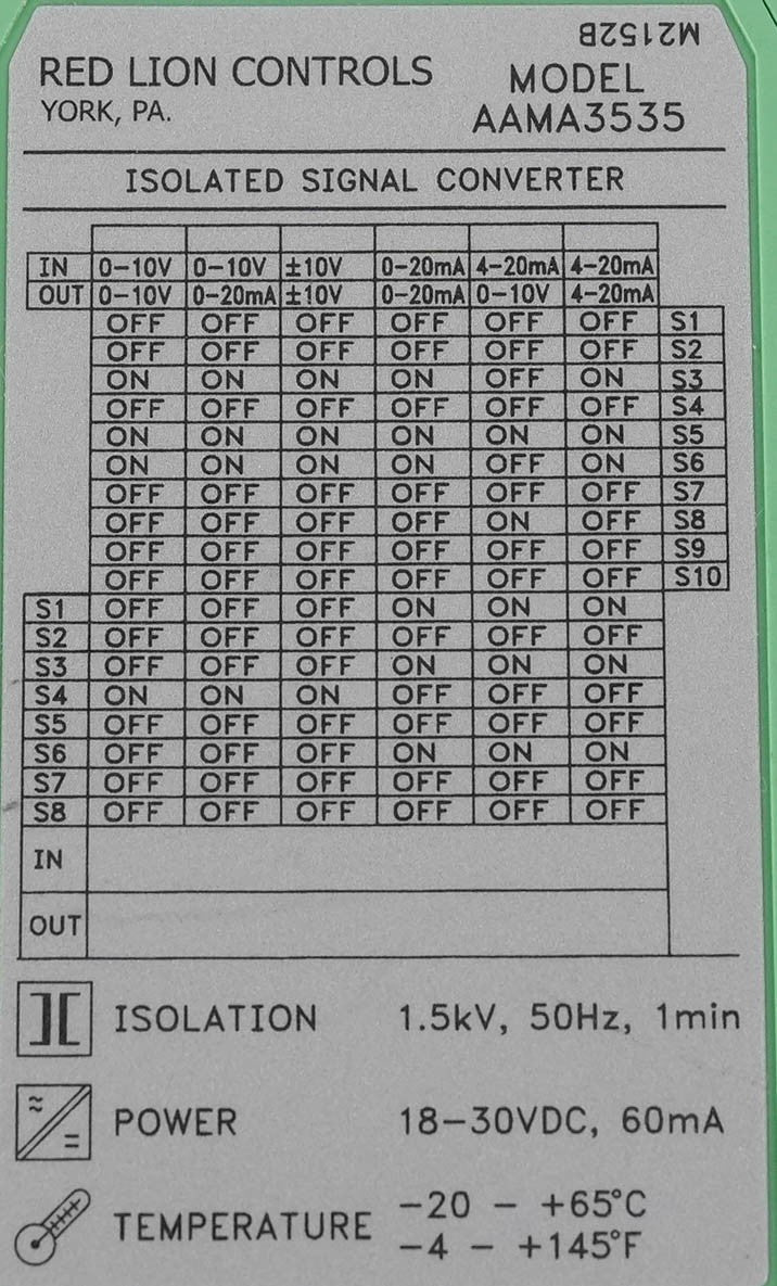 Red Lion AAMA3535 Analog Signal Conditioner 0-20mA 0-10VDC Input AAMA 3535 24VDC