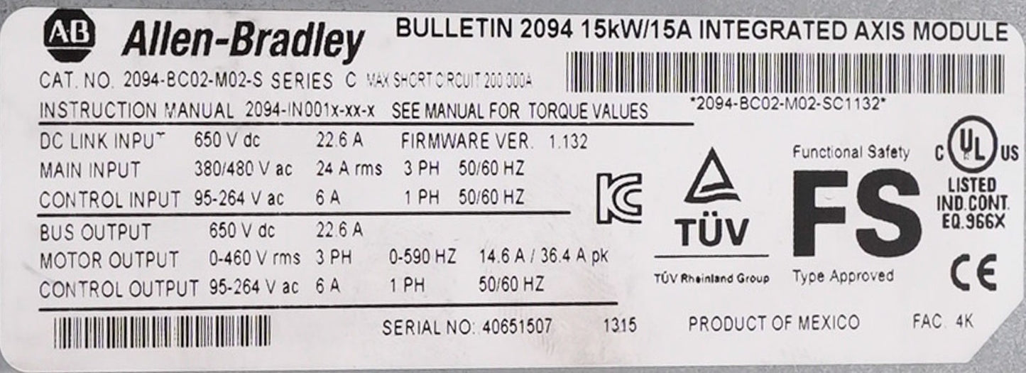 Allen Bradley 2094-BC02-M02-S /C Kinetix 6000 15kW/15A Integrated Axis Module