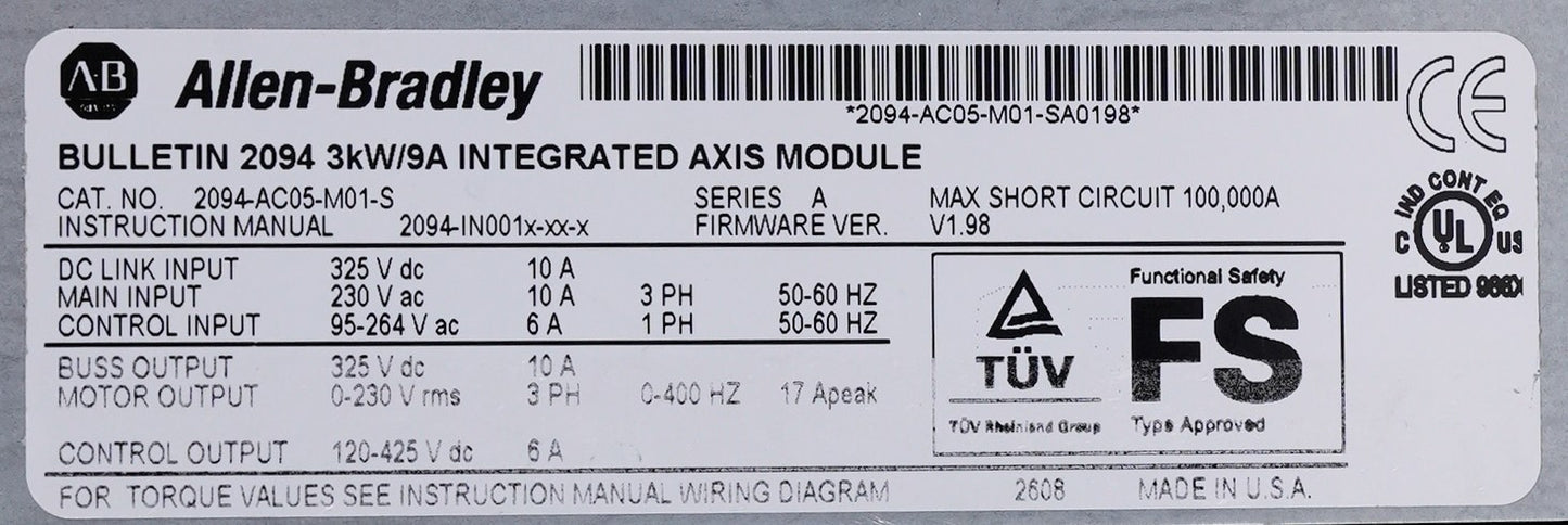 Allen Bradley 2094-AC05-M01-S /A 230V 3kW/9A Integrated Axis Module 2094AC05M01S
