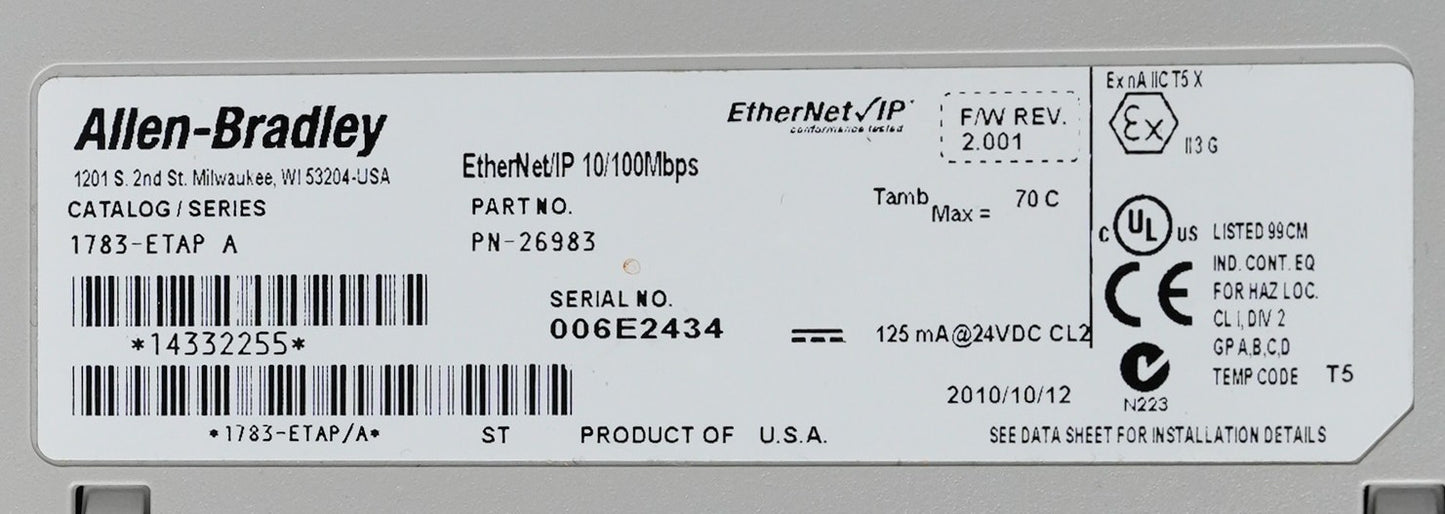 Allen Bradley 1783-ETAP /A Ethernet/IP Adapter 10/100Mbps 1783ETAP