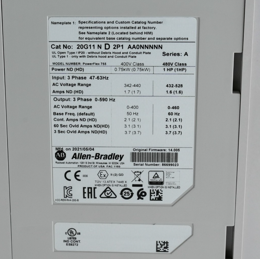 Allen Bradley 20G11ND2P1AA0NNNNN /A FW 14.005 PowerFlex 755 Drive - Open Box